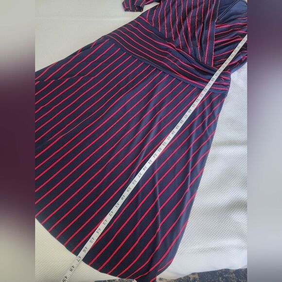 Ralph Lauren Red and Blue Ruched Faux Wrap Dress V-Neck - Picture 7 of 11